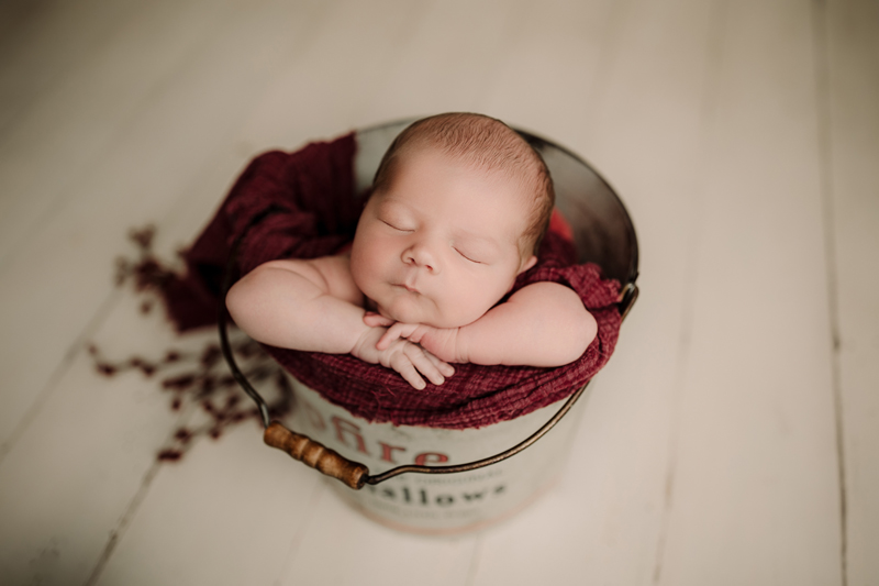 Newborn Photographer, a baby lays sleeping a bucket, wrapped in a red blanket